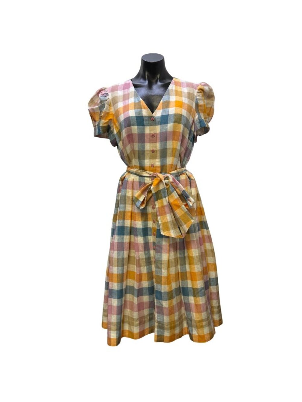 Gal Meets Glam Multicolor Plaid Belted Linen Blend Dress Size 14
